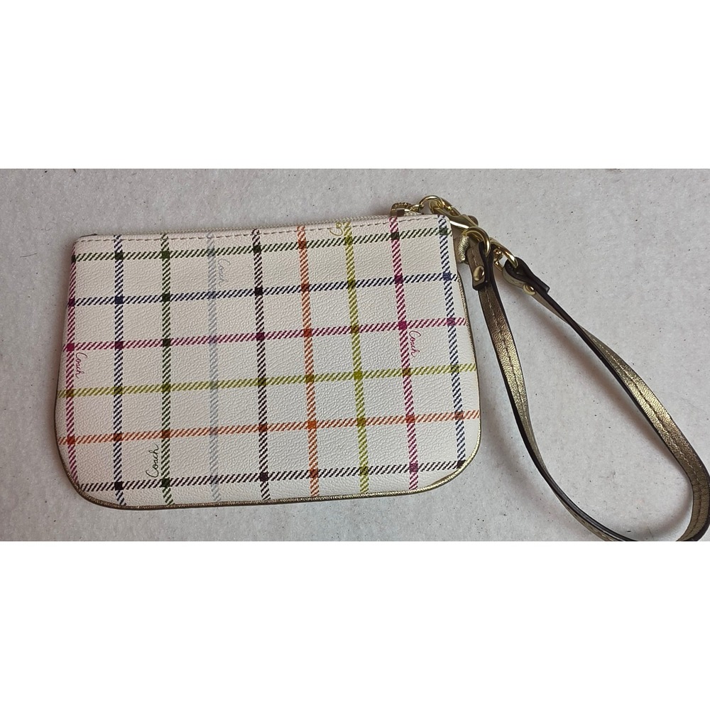 Coach Tattersall Plaid Wristlet Multi Color Coated Canvas Gold Trim Small Bag